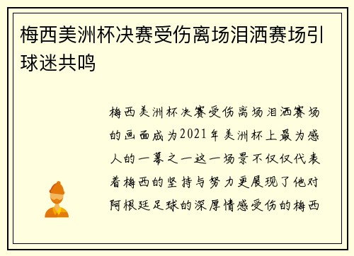 梅西美洲杯决赛受伤离场泪洒赛场引球迷共鸣 梅西美洲杯决赛受伤离场泪洒赛场引球迷共鸣